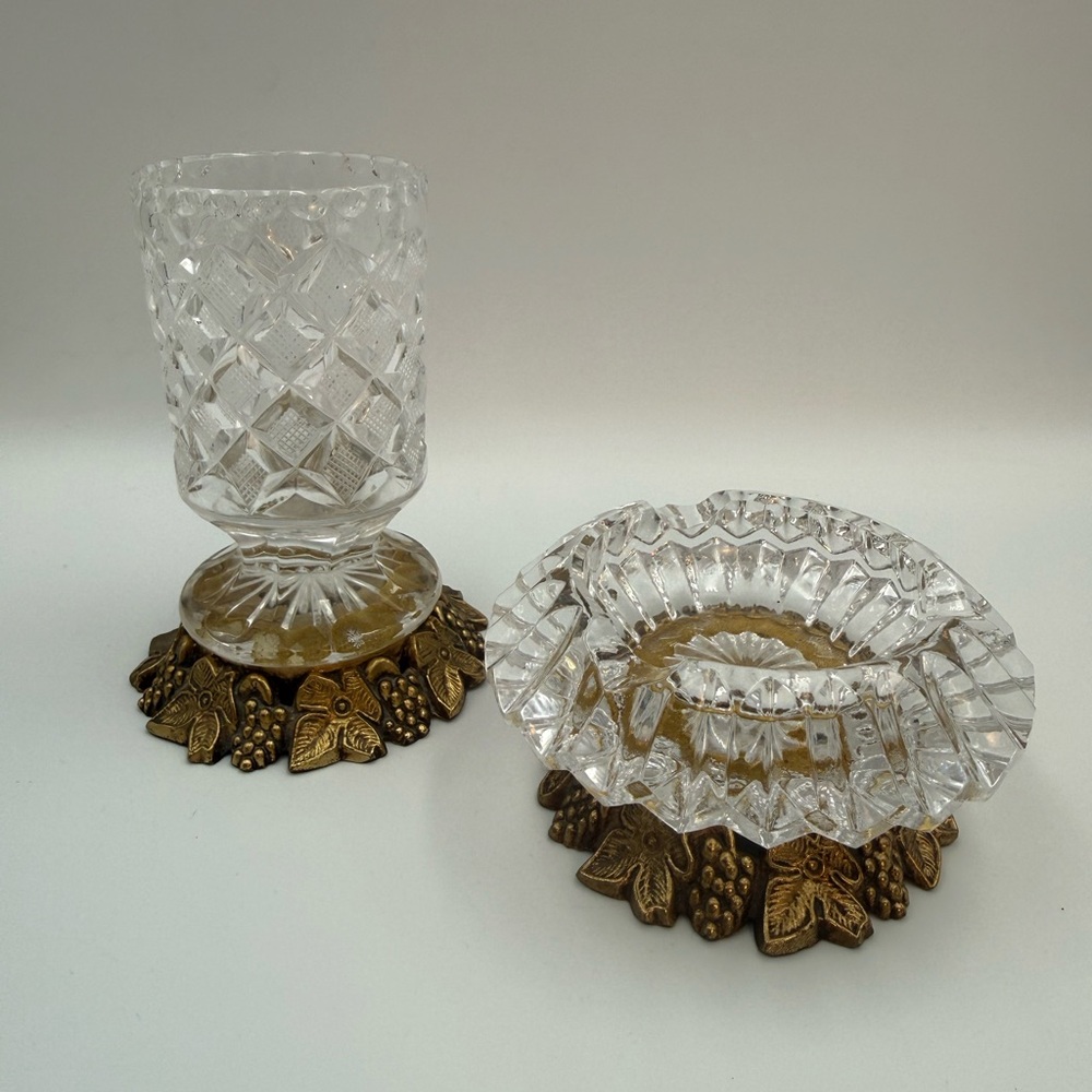 Vintage Ornate Cut Glass And Metal Ashtray And Cigarette/ Match Holder